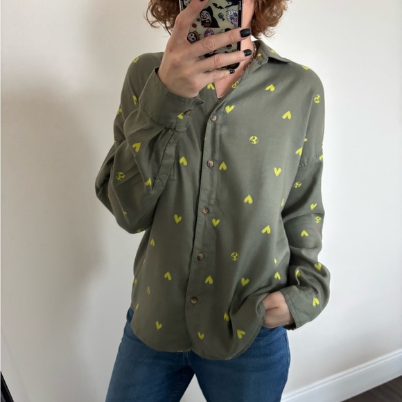 Thereabouts Green Button-Up Shirt with Yellow Heart Pattern XL teen - Picture 1 of 10